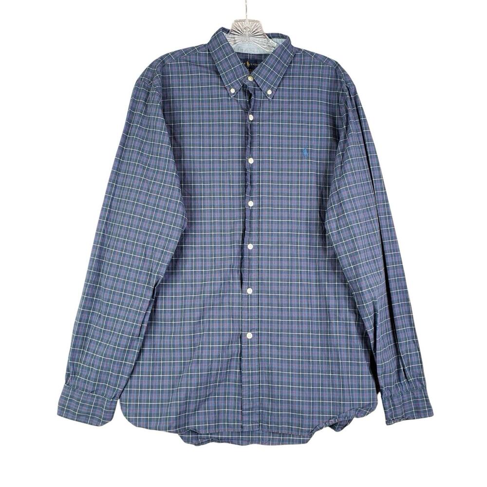 Polo Ralph Lauren Shirt Mens Oxford Size Large L Button Down LS Slim Blue Plaid